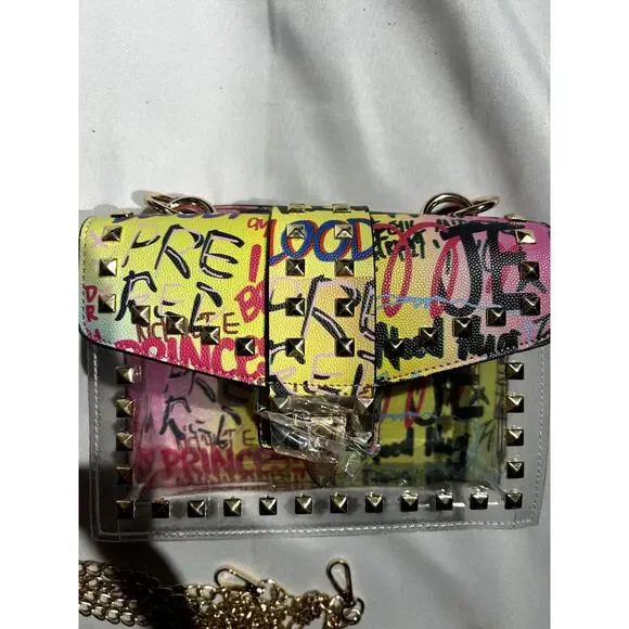 NWOT Clear and Graffiti Crossbody Bag with Studs - Picture 6 of 8